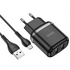 Tinklo įkroviklis 220V 2xUSB - USB micro 2.4A su laidu 1m juodas (black) Hoco N4 